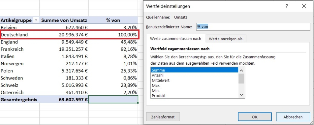 Pivot-Tabelle-Wertfeldeinstellungen