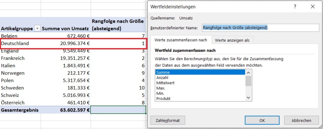 Pivot-Tabelle-Wertfeldeinstellungen