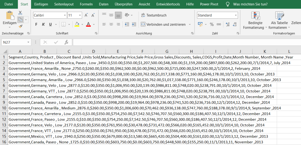 Darstellung CSV-Daten in Excel