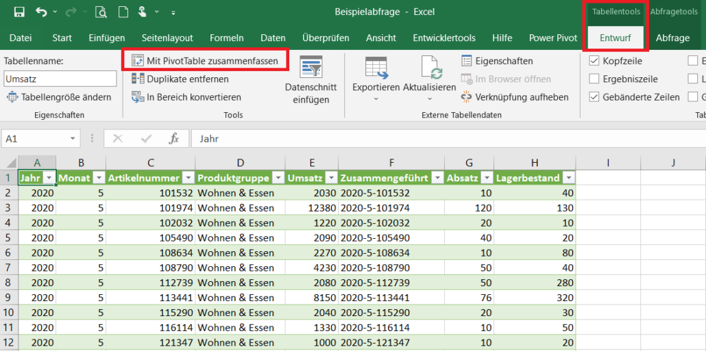 Ergebnisse aus Abfrage in Pivot-Tabelle auswerten